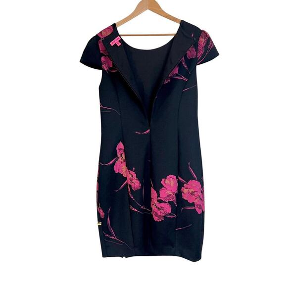 Betsy Johnson Dress Size 14 Black Floral Sheath Front Slit Scuba Cap Sleeve - Picture 10 of 11